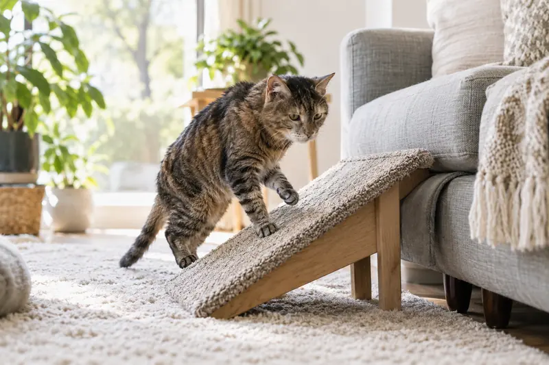 Alte getigerte Katze steigt vorsichtig eine Rampe zum Sofa hinauf