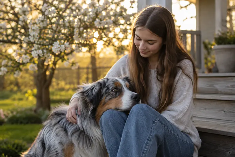 Australian Shepherd legt den Kopf auf das Knie eines Mädchens auf der Verandatreppe