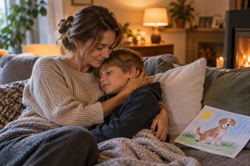 Mutter tröstet ihren Sohn auf dem Sofa, daneben eine Kinderzeichnung eines Hundes