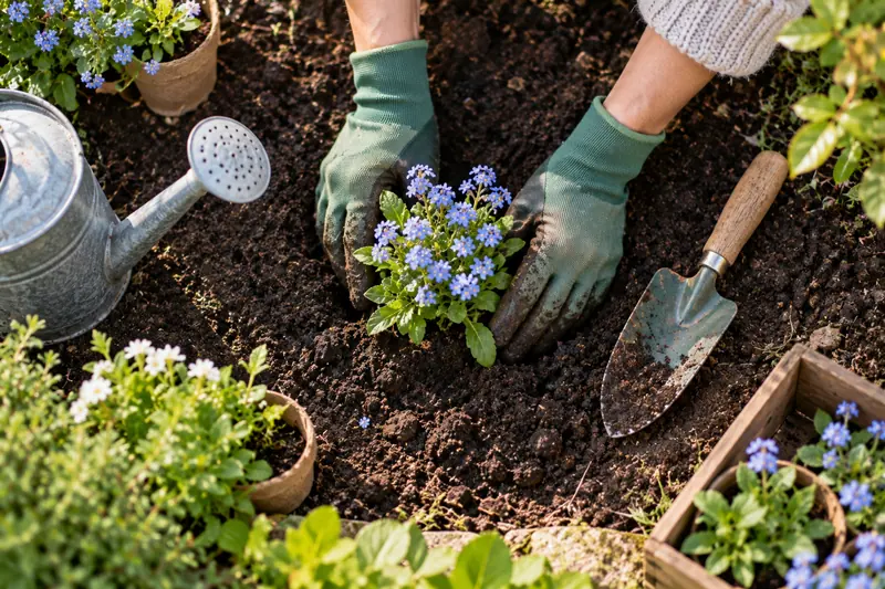 Hände in Gartenhandschuhen pflanzen Vergissmeinnicht