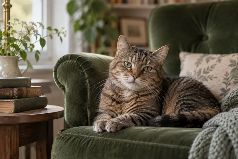 Ältere getigerte Katze auf einem grünen Samtsessel