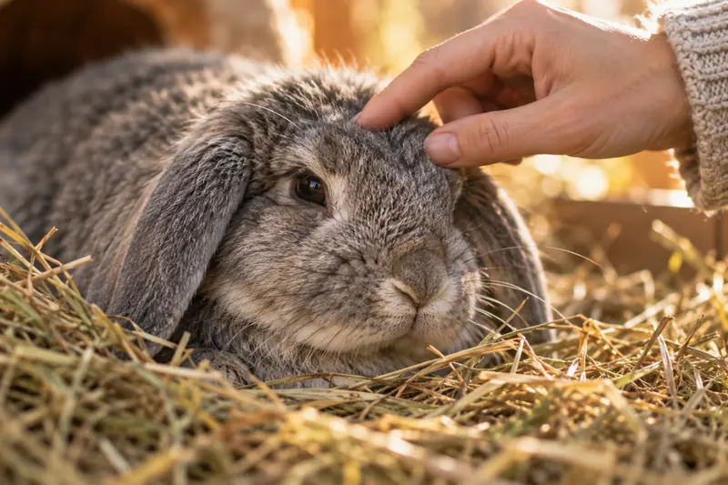 Älteres Widderkaninchen liegt im Heu und wird gestreichelt