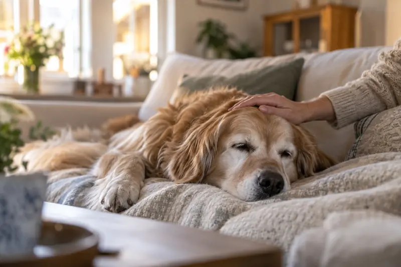 Frau streichelt einen älteren Golden Retriever, der entspannt auf dem Sofa liegt