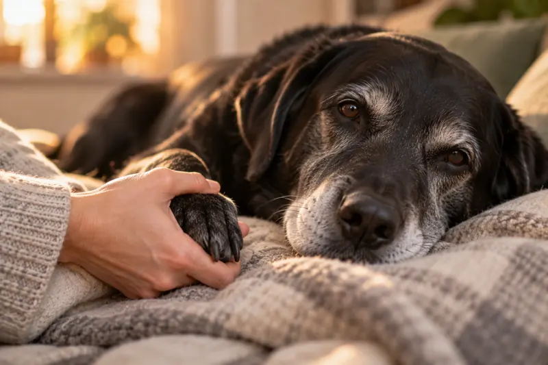 Hand hält die Pfote eines alten schwarzen Labradors