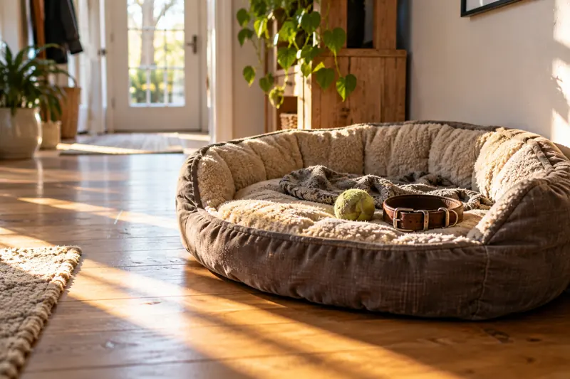 Leeres Hundebett mit Tennisball und Halsband im Flur