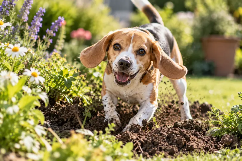 Junger Beagle buddelt fröhlich im Gartenbeet