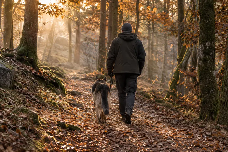 Alter Schäferhund geht mit seinem Menschen auf einem herbstlichen Waldweg