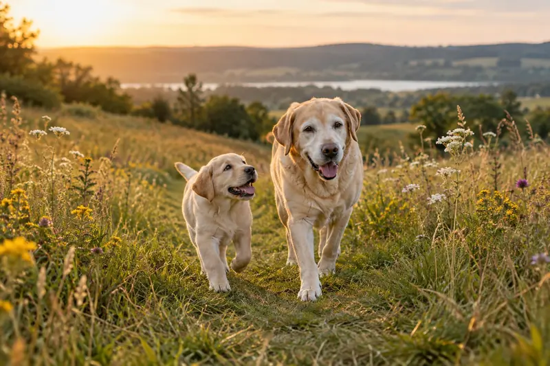 Labrador-Welpe und älterer Labrador mit heller Schnauze laufen nebeneinander über einen Wiesenweg im Abendlicht