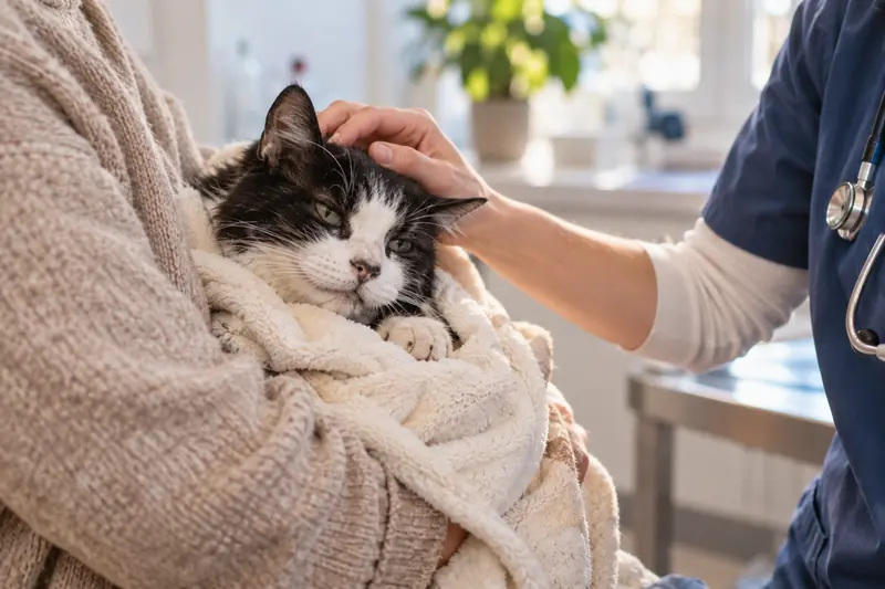 Ältere Katze in einer Decke auf dem Arm, eine Tierärztin streichelt sie