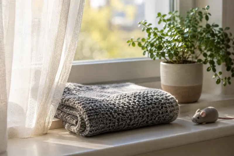 Fensterbank mit gestrickter Katzendecke und Spielmaus