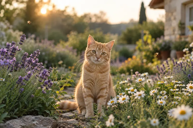 Junge rote Katze sitzt im blühenden Garten zwischen Lavendel