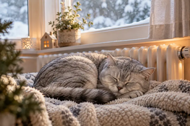 Ältere Britisch-Kurzhaar-Katze schläft auf einer Fleecedecke am Fenster