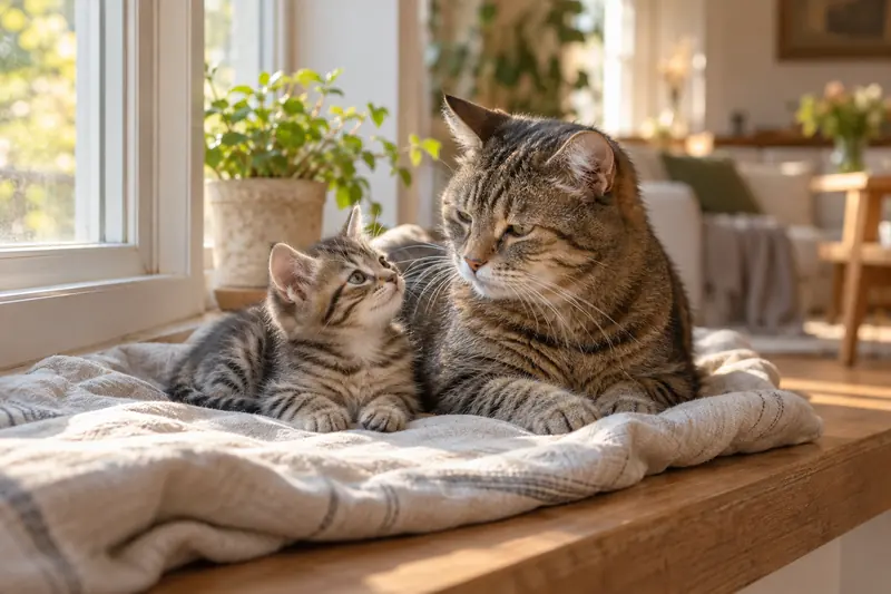 Getigertes Kitten schaut zu einer älteren getigerten Katze auf, beide liegen auf einer Leinendecke am Fenster