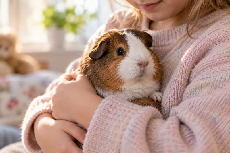 Kinderhände halten ein Meerschweinchen