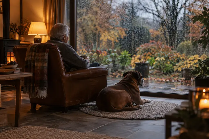 Älterer Mann im Sessel am regennassen Fenster, neben ihm liegt ein alter Boxer