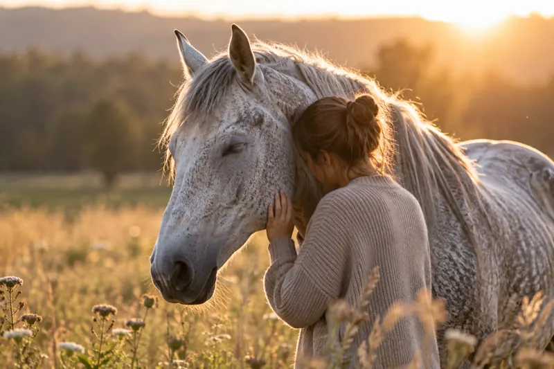 Frau lehnt die Stirn an den Hals eines alten Schimmels auf der Weide
