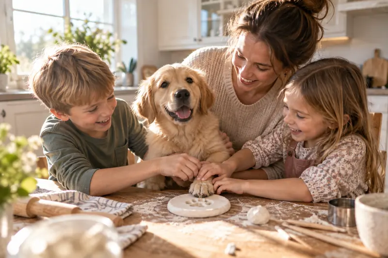 Familie macht einen Pfotenabdruck von einem Welpen in Ton