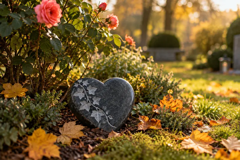 Herzförmiger Gedenkstein aus Granit unter einem Rosenstrauch im Herbst