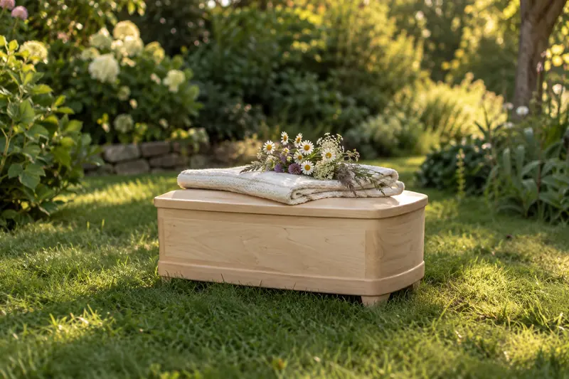 Kleiner Tiersarg aus hellem Holz mit Decke und Wiesenblumen im Garten