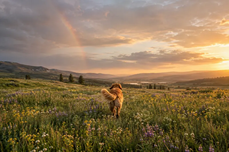 Hund rennt über eine Blumenwiese, am Himmel ein Regenbogen