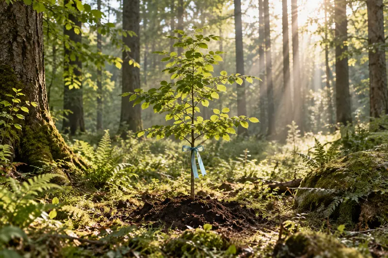Junge Buche mit hellblauem Band auf einer Waldlichtung
