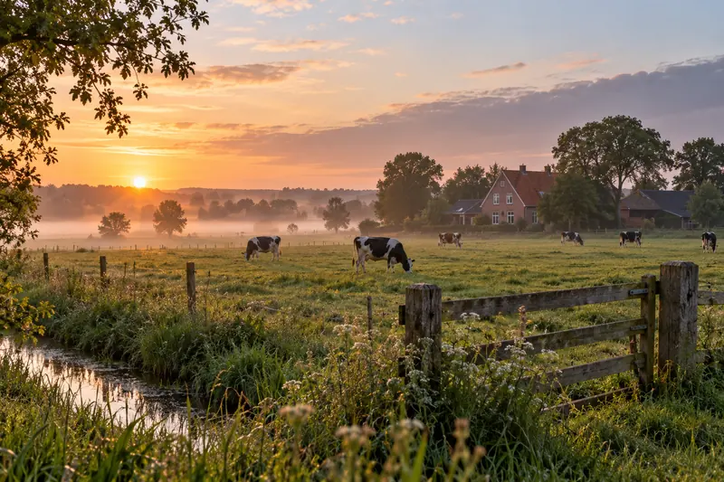 Weiden mit Kühen und Bauernhof im Morgennebel