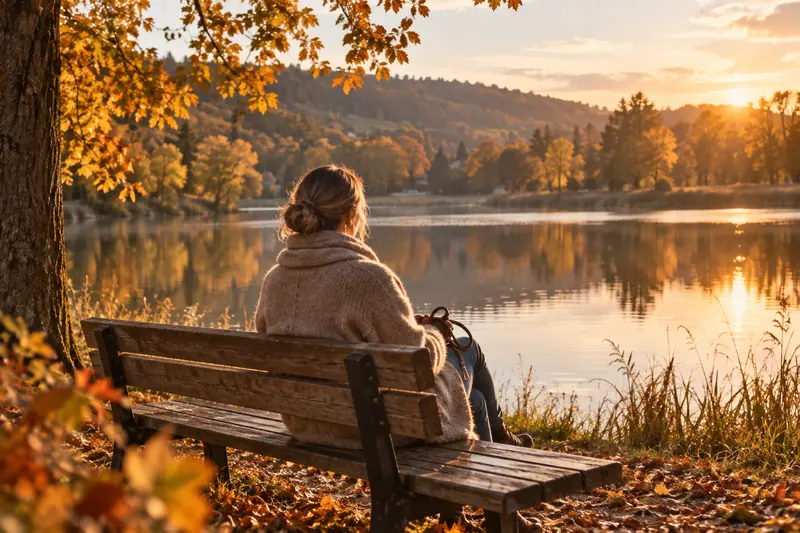 Frau sitzt im Herbst allein auf einer Bank am See