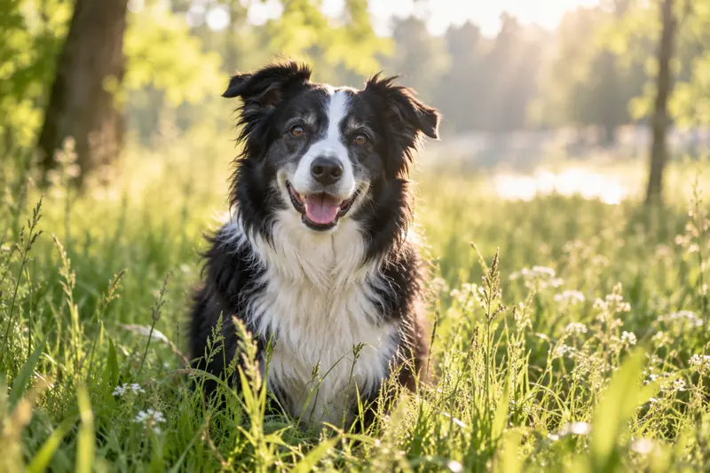 Border Collie sitzt im hohen Gras