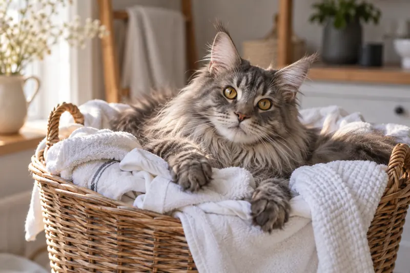 Graue Maine-Coon-Katze liegt in einem Wäschekorb