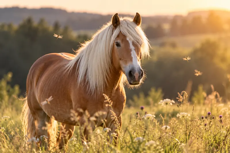 Haflinger auf einer Sommerwiese im Abendlicht